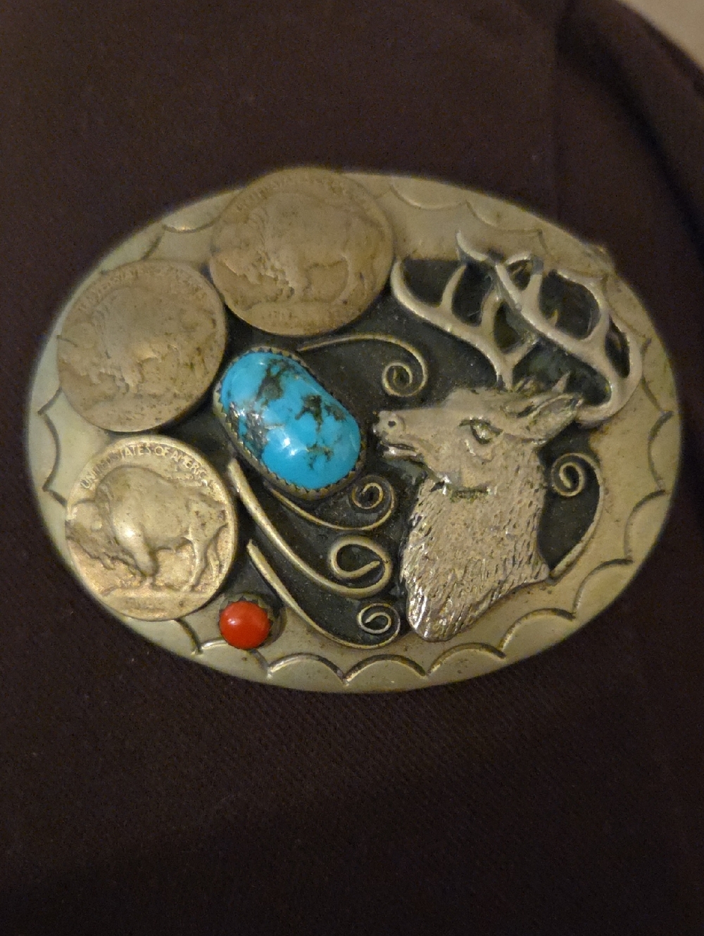 Vintage Navajo Silver Turquoise & Coral Belt Buckle By, Squaw Wrap - Picture 11 of 11